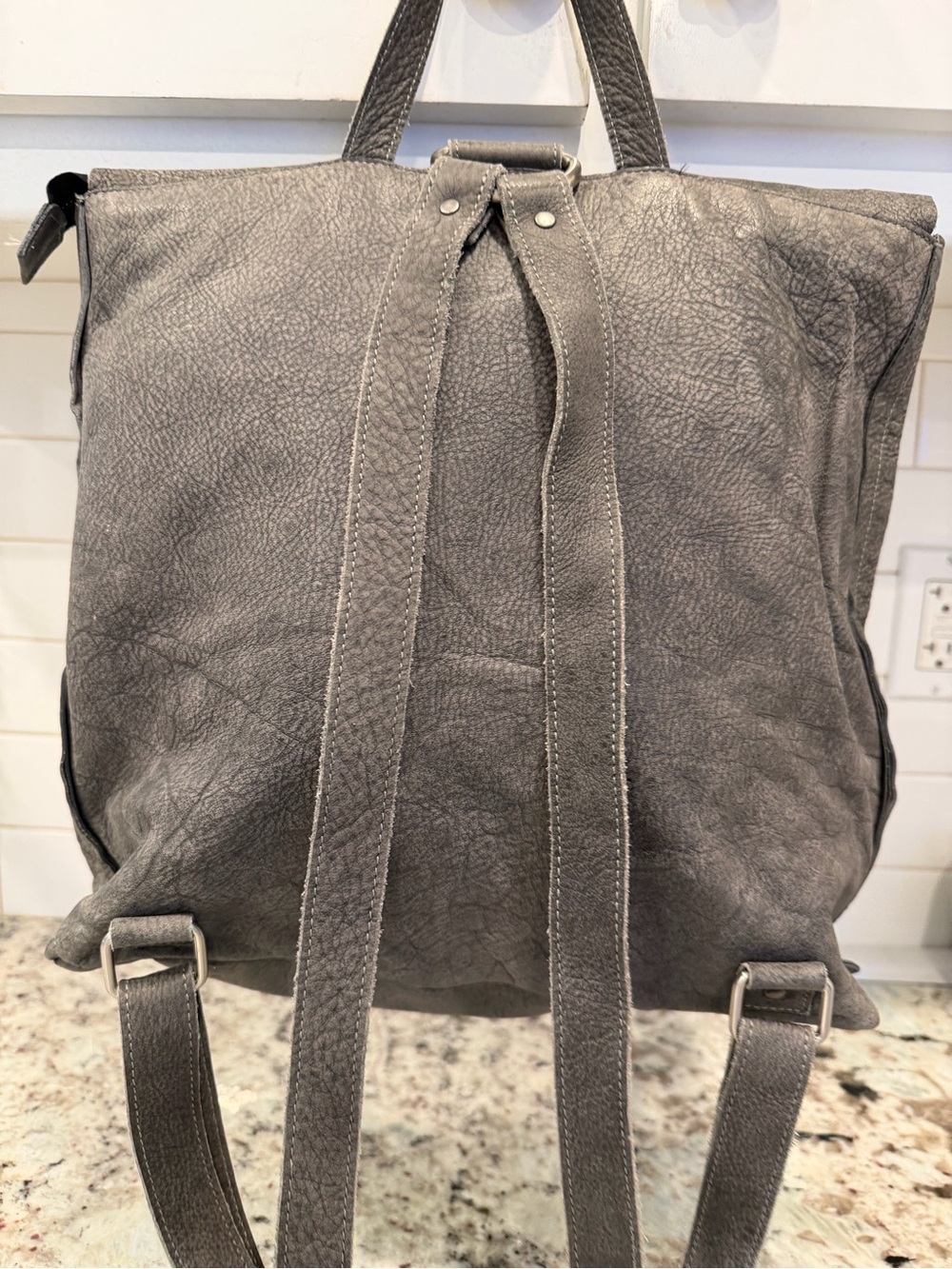 Eileen Fisher Gray Fold-Over Leather Backpack - Picture 11 of 15